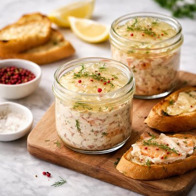 Rillettes de salmón con gelatina de vino blanco