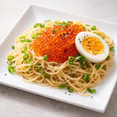 Salmon roe and egg over noodles
