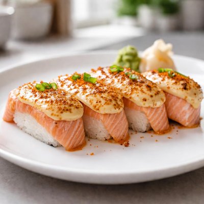 Salmon sushi with mentai