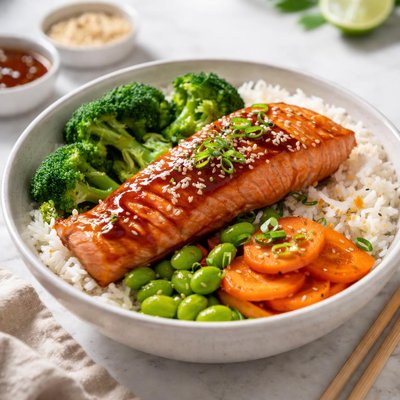 Salmon teriyaki with rice and vegetables