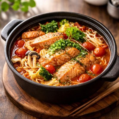 Salmon tomato nabe