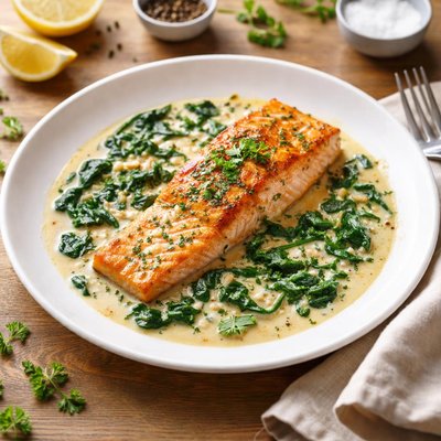 Salmon with cream sauce and spinach