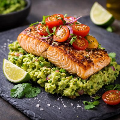 Salmon with guacamole and tomatoes
