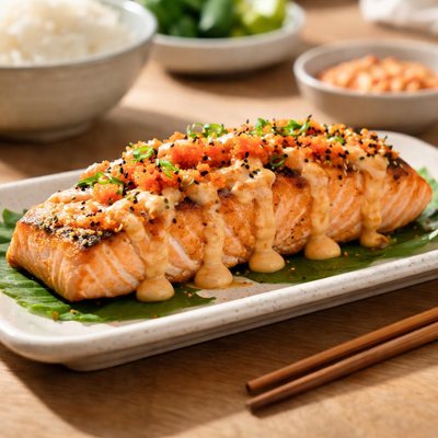 Salmão com mentaiko e molho de maionese picante