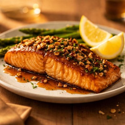 Salmon with nuts and glaze