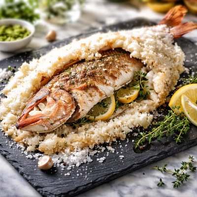 Salt-crusted whole snapper