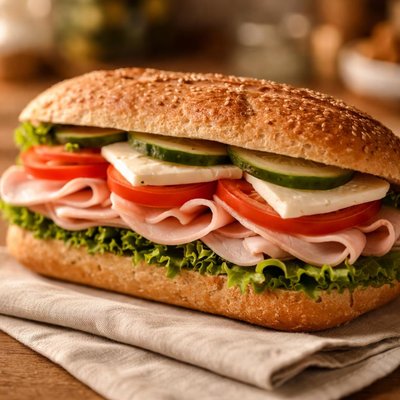 Sanduiche de peito de peru e queijo branco