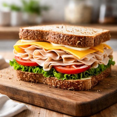 sandwich con queso amarillo y blanco americano y jamón de pavo