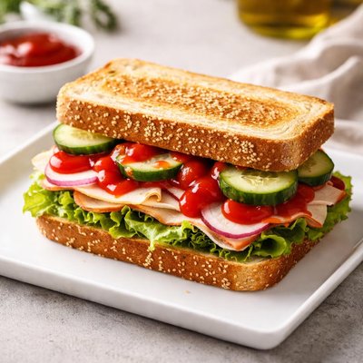 Sandwich with cucumber and ketchup