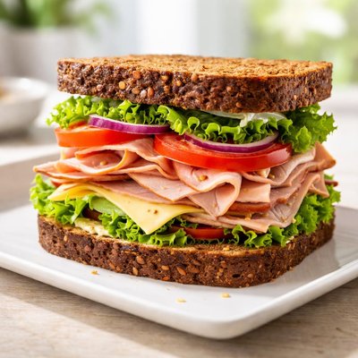 Sandwich with dark bread and meat