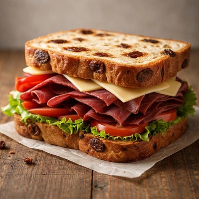 葡萄干面包上的干牛肉和豪达奶酪三明治