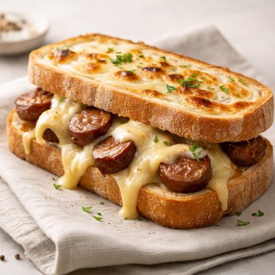Sandwich with melted cheese and sausage