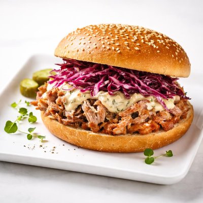 Sandwich with pork mayonnaise and red cabbage
