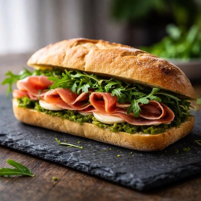 Sandwich with prosciutto and arugula