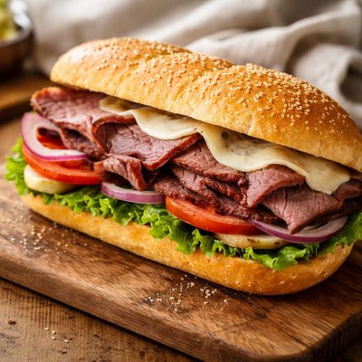 Sandwich with provolone cheese and roast beef