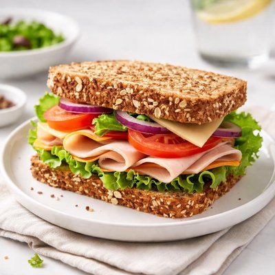 Sandwich with whole grain bread and sliced meat