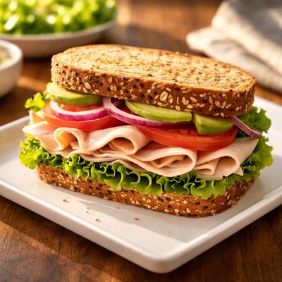 Sandwich with whole grain bread and turkey