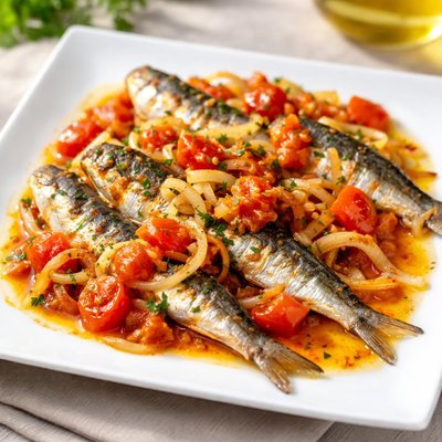 Sardinas con cebolla y tomate