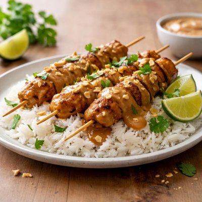 Satay chicken and rice