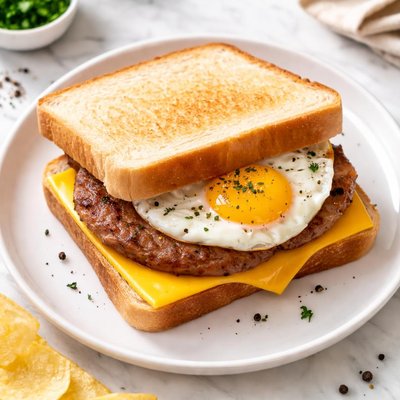 Sausage and egg sandwich on white bread