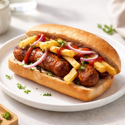 Sausage and fries sandwich