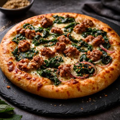 Sausage and spinach pan pizza