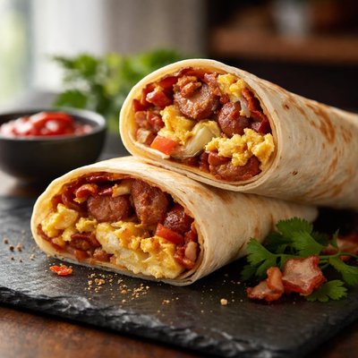 Sausage bacon and eggs wrap
