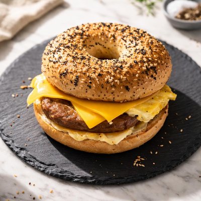 Sausage egg and cheddar everything bagel