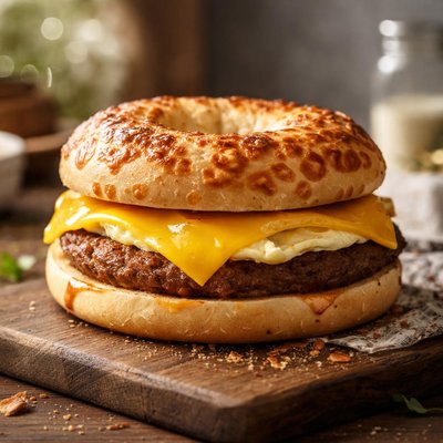 Sausage egg and cheese asiago bagel