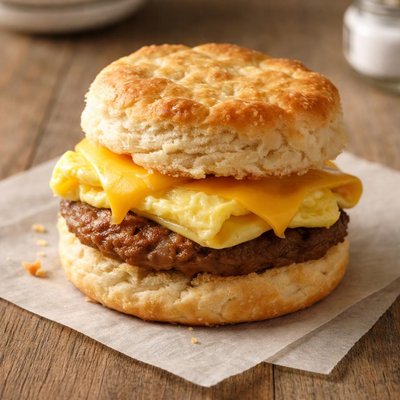 Sausage egg and cheese on biscuit