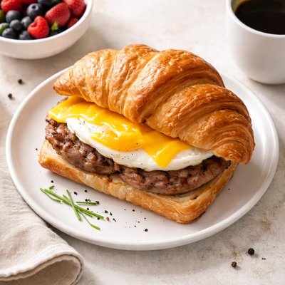 Sausage egg croissant breakfast sandwich