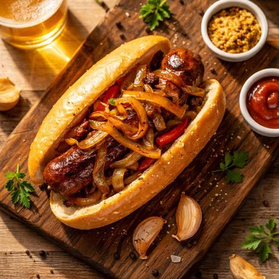 Sausage sandwich with onions