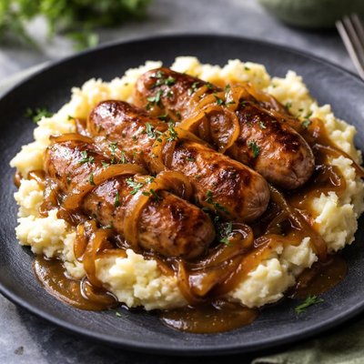 Sausage with onion gravy