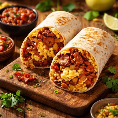 Sausages bacon egg burrito