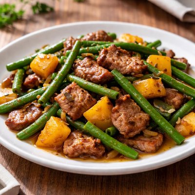 Sauteed pork with string beans and squash