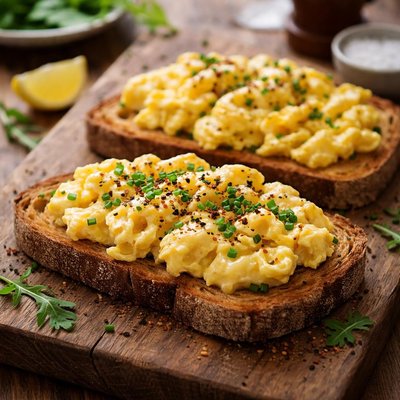 œufs brouillés sur du pain grillé