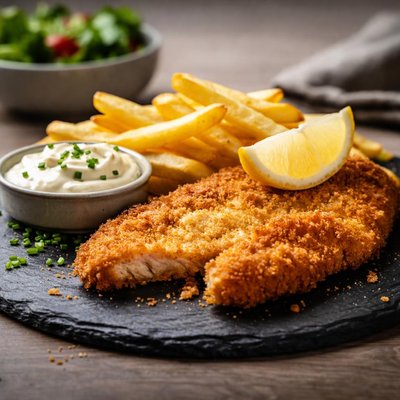 炸牛排薯条蛋黄酱