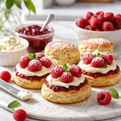 Scones with cream and raspberries