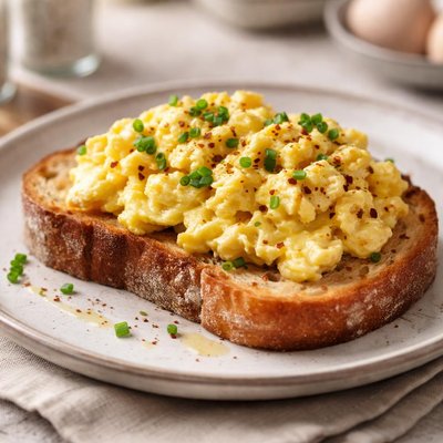 Huevo revuelto sobre pan de masa fermentada