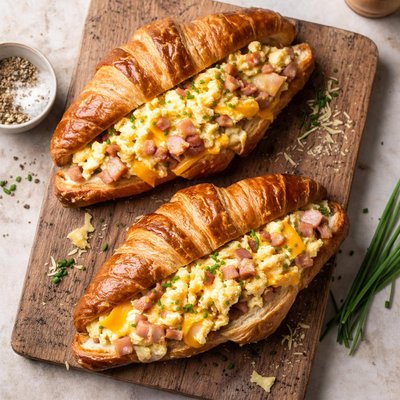 Scrambeled eggs with ham and cheese on crossiant