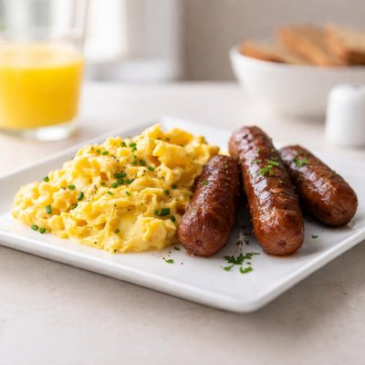Scramble egg with beef sausage
