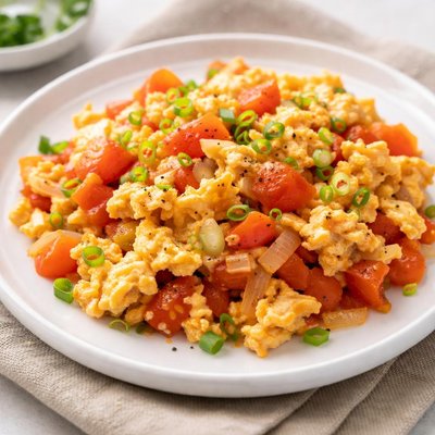 Ovos mexidos com tomate e cebola