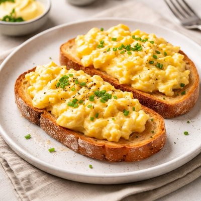 Huevos revueltos con queso en tostadas