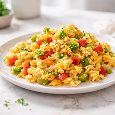 Scrambled cheese eggs with peppers and onions