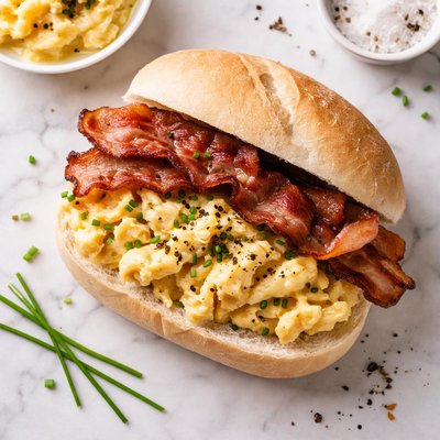 Scrambled egg and bacon on white roll