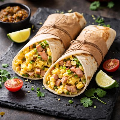 Envuelto de huevo revuelto y jamón de pollo