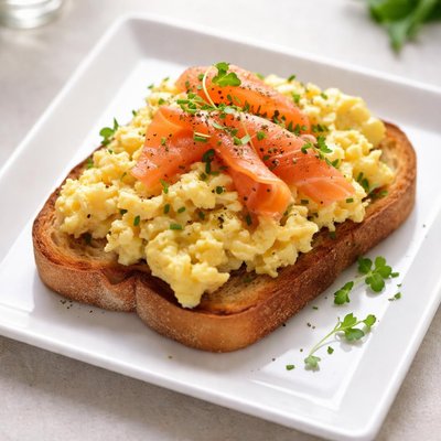 Scrambled egg and salmon on toast