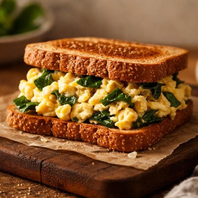 Sandwich de huevo revuelto con espinacas