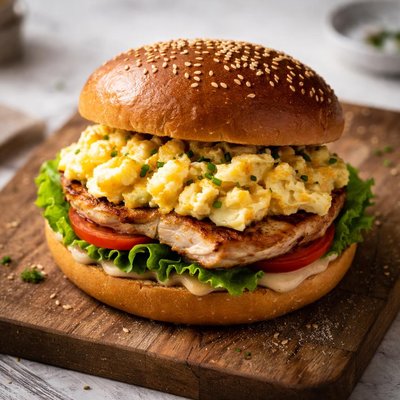 Ovo mexido com hambúrguer de frango