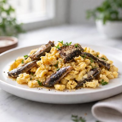 Scrambled egg with sardines